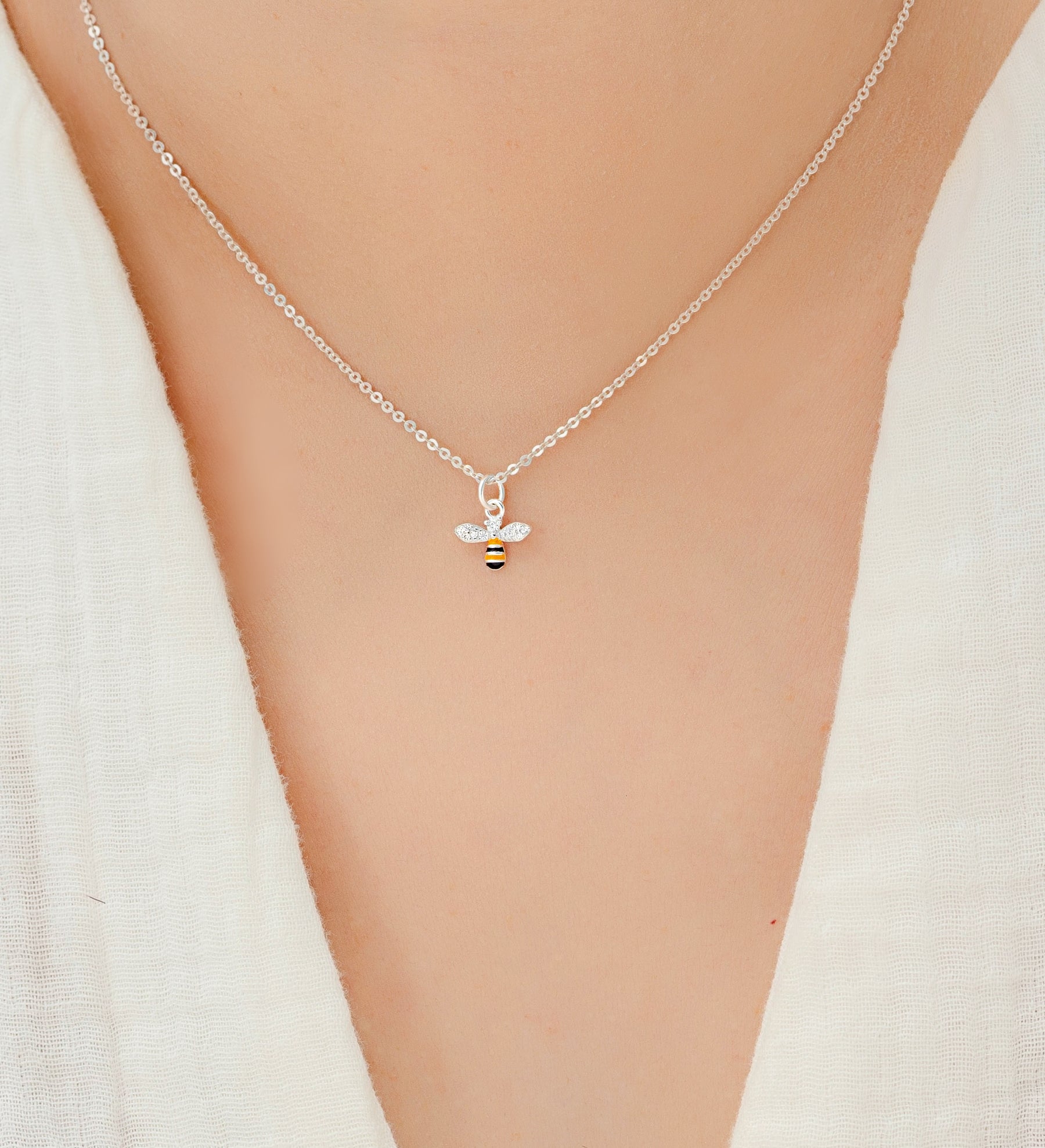 925 Sterling Silver Bee Pendant & Chain, Decorated with Coloured Enamel & CZ Simulated Diamonds