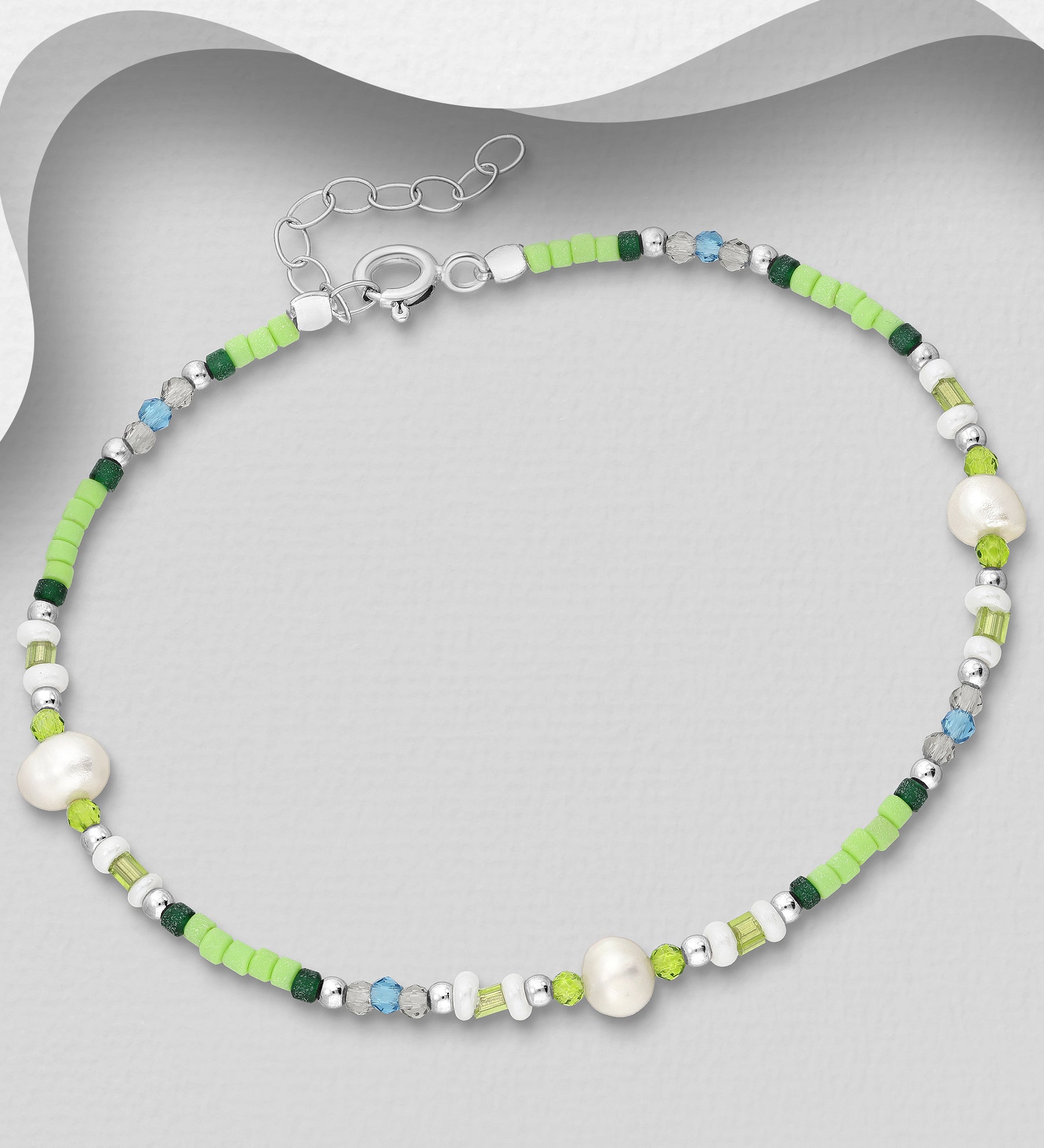 925 Sterling Silver Freshwater Pearl, Crystal Glass & Seed Bead Bracelet