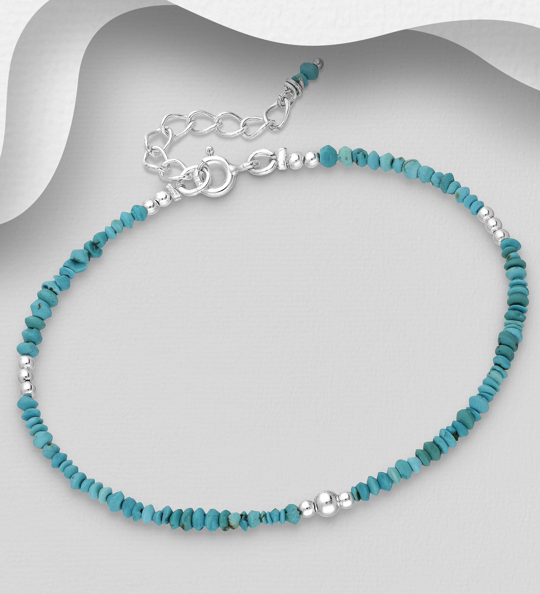 925 Sterling Silver Reconstructed Sky Blue Turquoise Beaded Bracelet