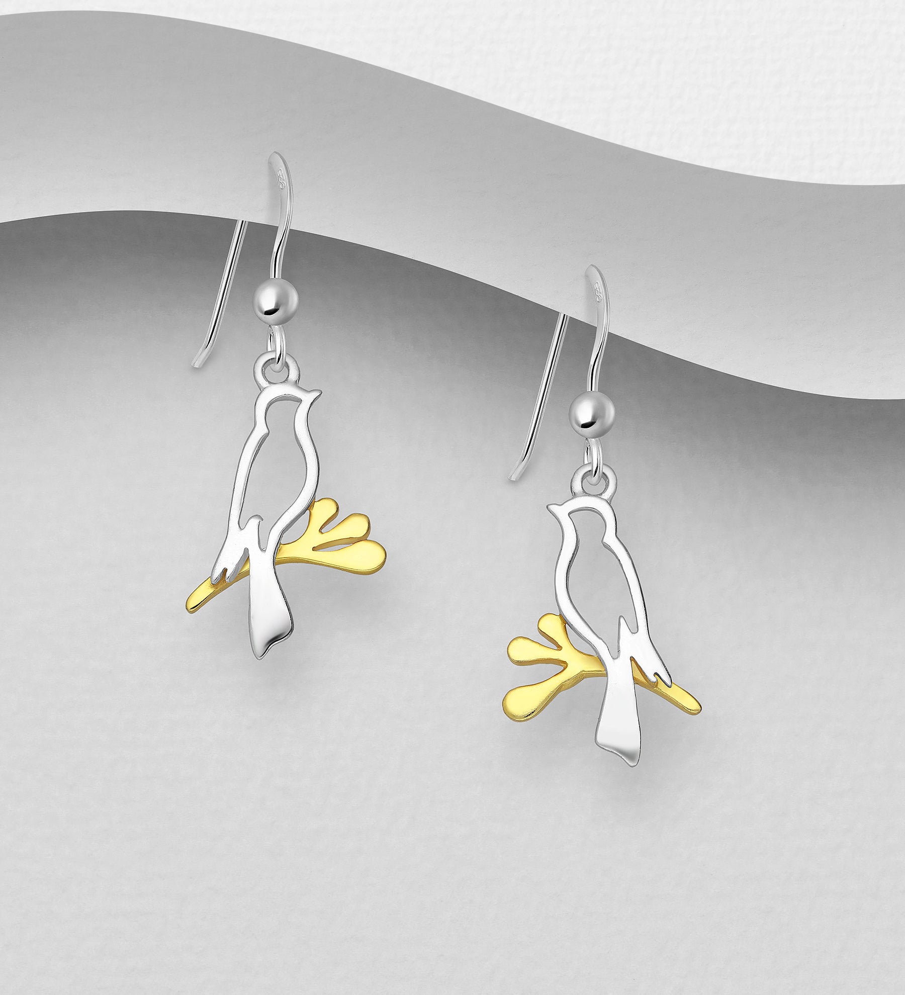 925 Sterling Silver Branch & Bird Two Tone Hook Earrings with 18ct Yellow Gold Branch