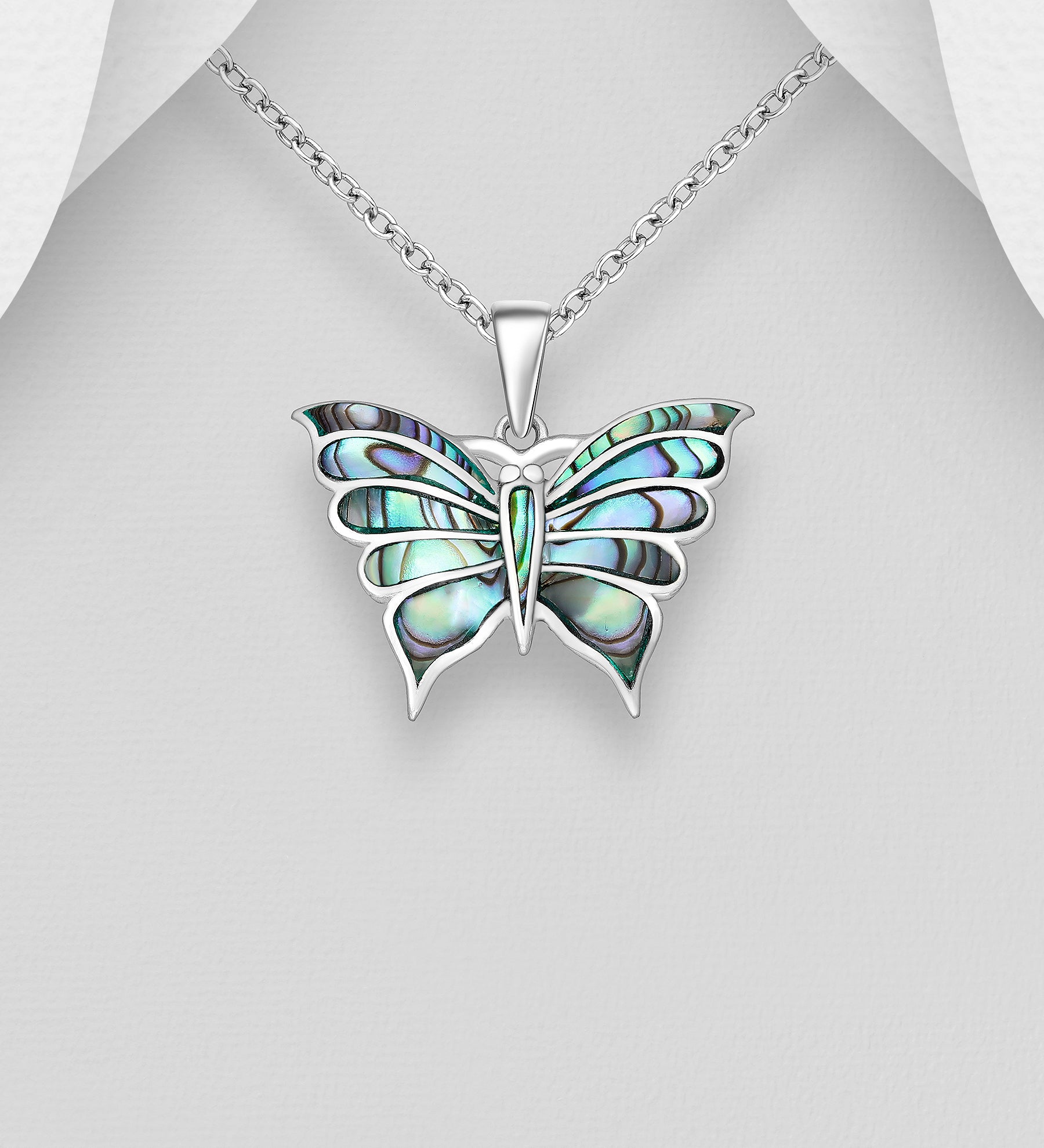 925 Sterling Silver Handcrafted Butterfly Shell Pendant & Chain