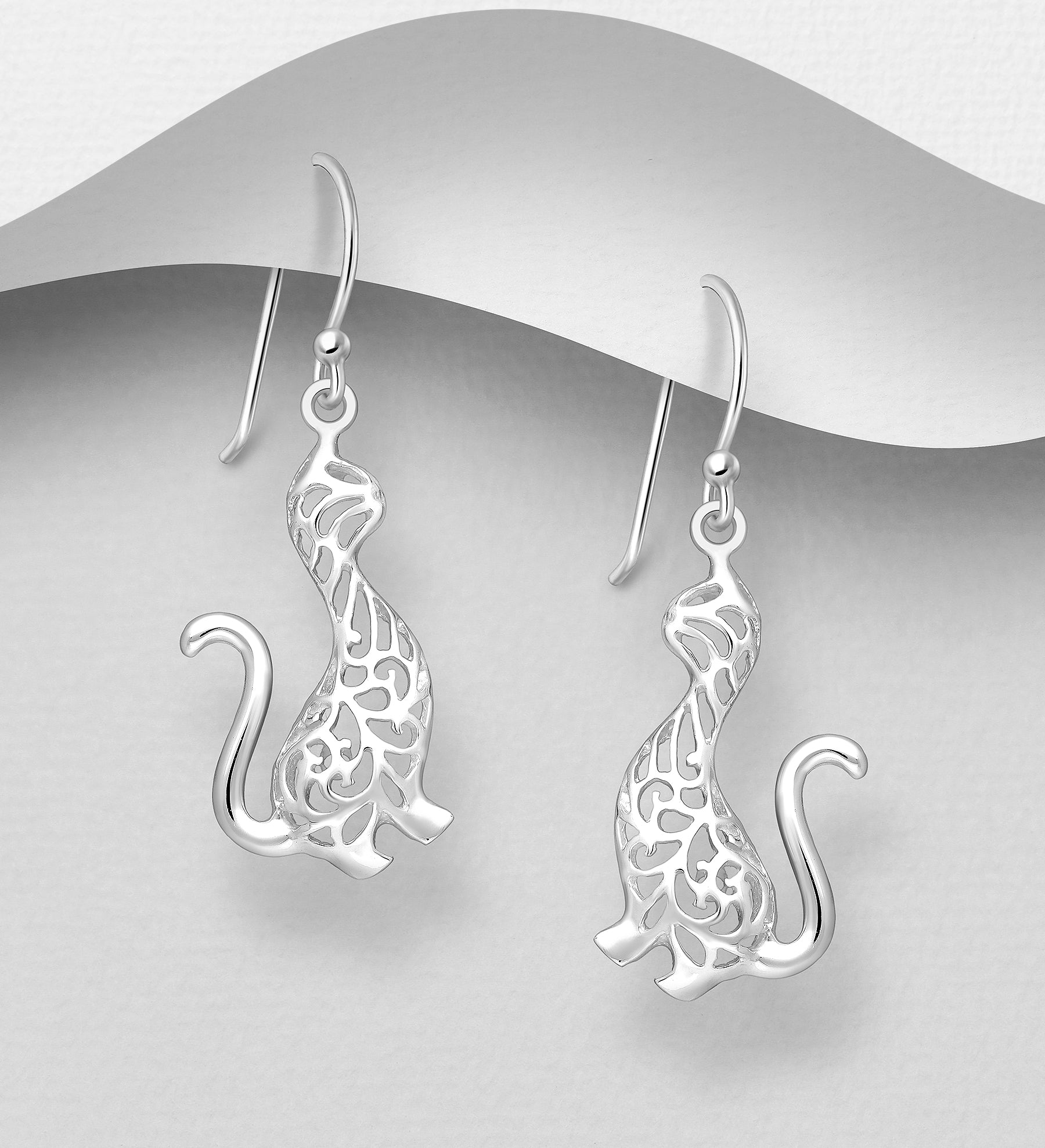 925 Sterling Silver Filigree Cat Drop Earrings