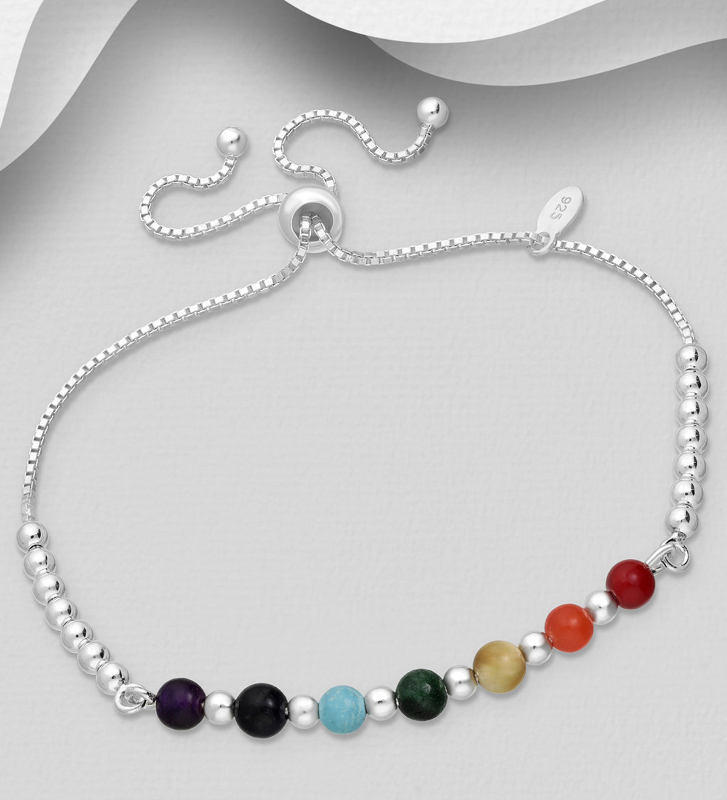 Adjustable 925 sterling silver chakra bracelet with colourful quartz, tiger eye and resin beads