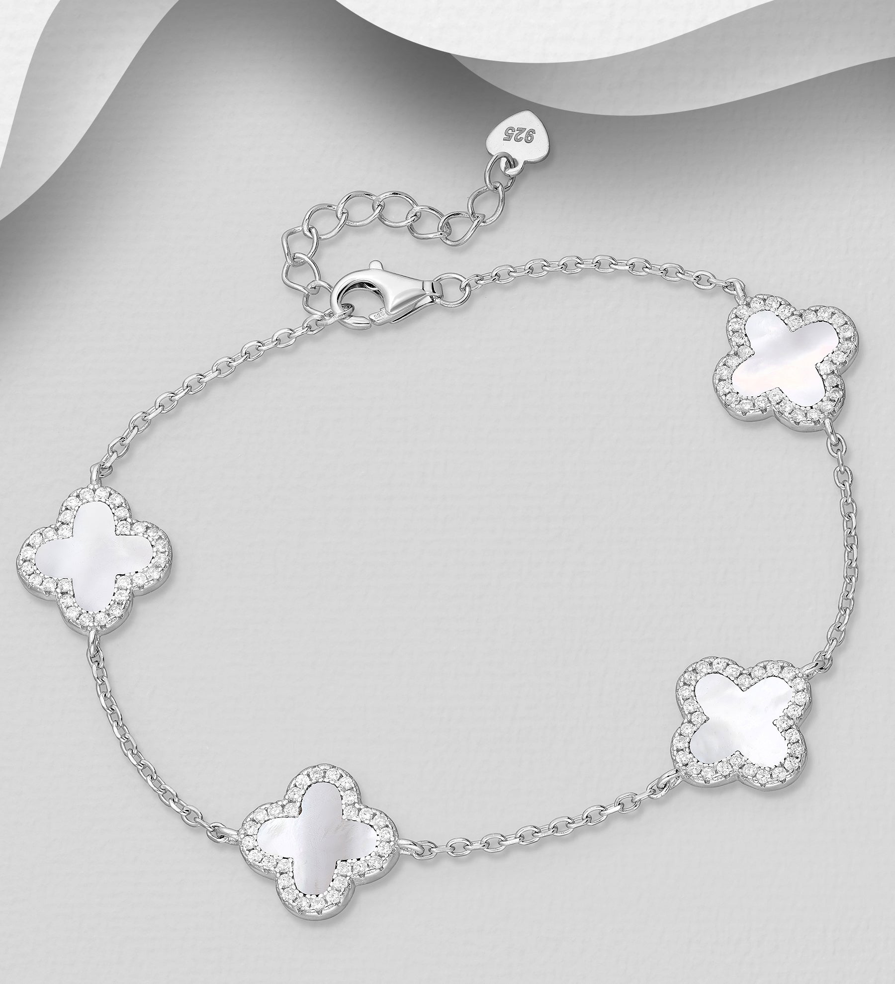925 Sterling Silver Clover Station Bracelet | Mother of Pearl Shell & CZ Diamond Halo