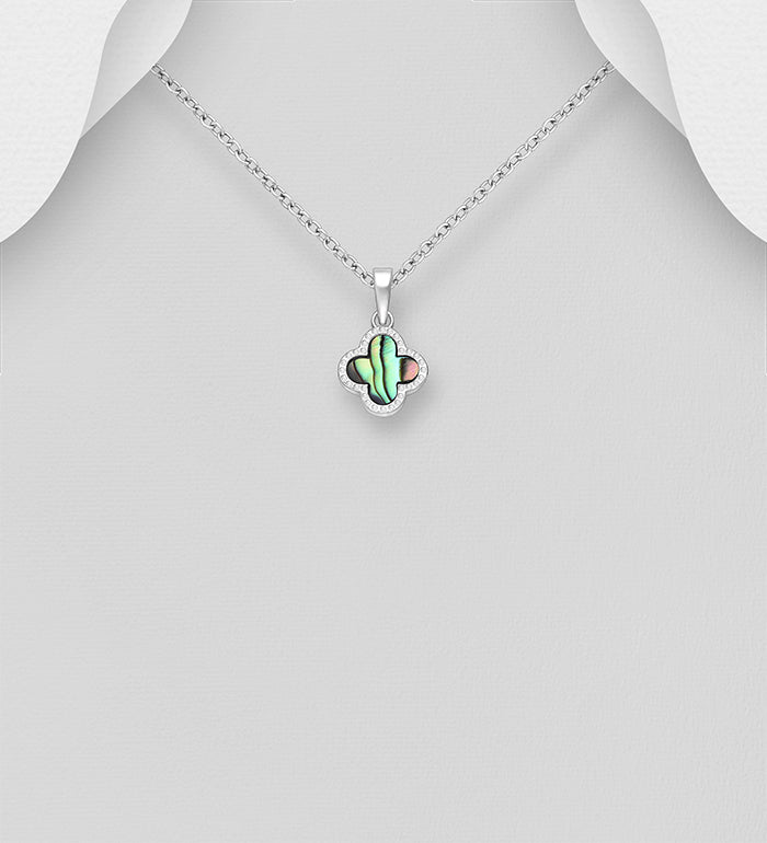 925 Sterling Silver Clover Pendant & Chain | Abalone Shell & CZ Halo