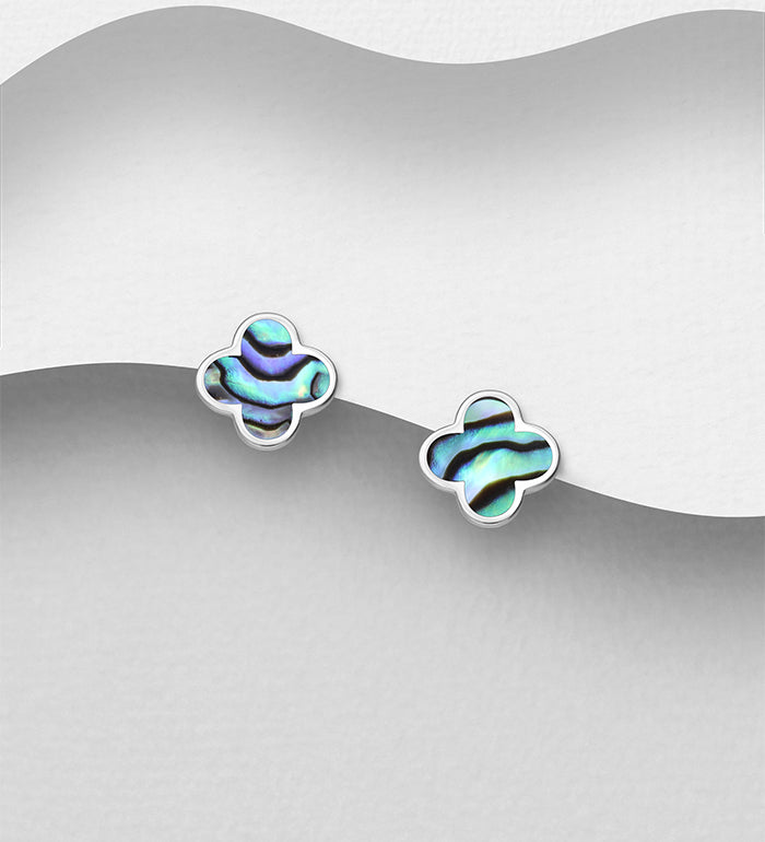 925 Sterling Silver Clover Stud Earrings, Set with Abalone Shell or Light Blue Mother of Pearl