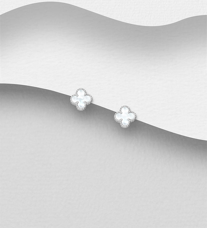 Van Cleef Inspired 925 Sterling Silver Clover Push-Back Earrings with Mother of Pearl Shell