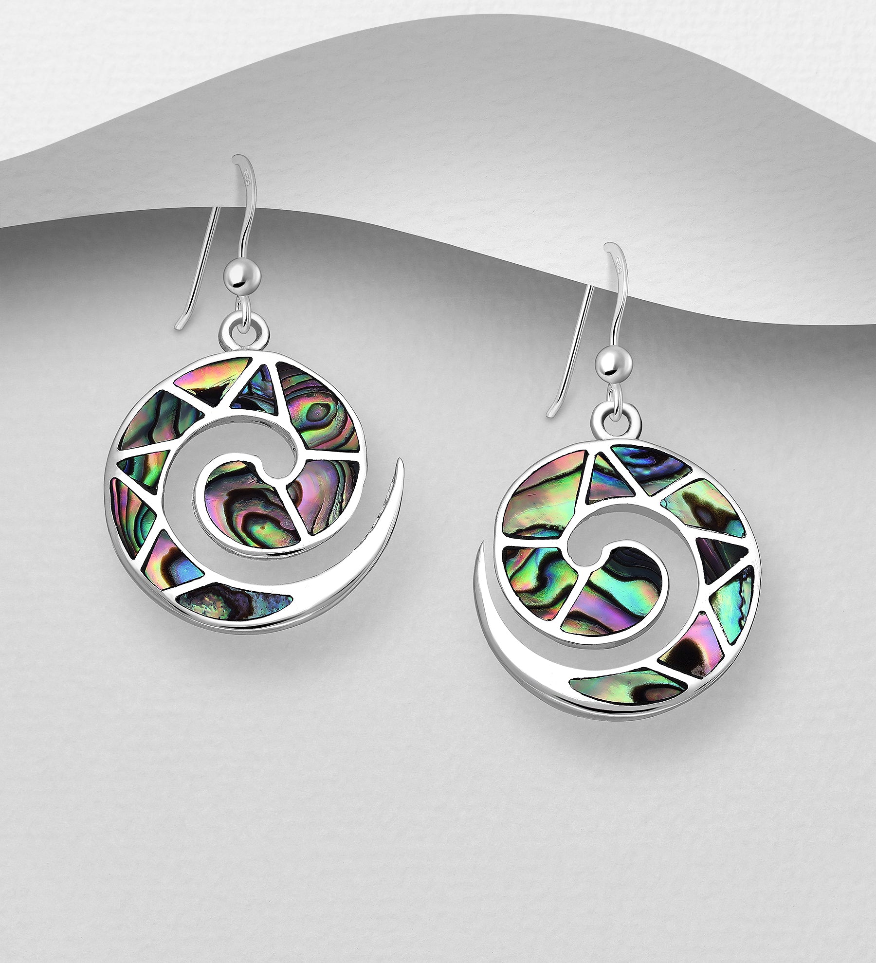 Hand Crafted Designer Solid 925 Sterling Silver Coil Hook Earrings with Abalone Shell