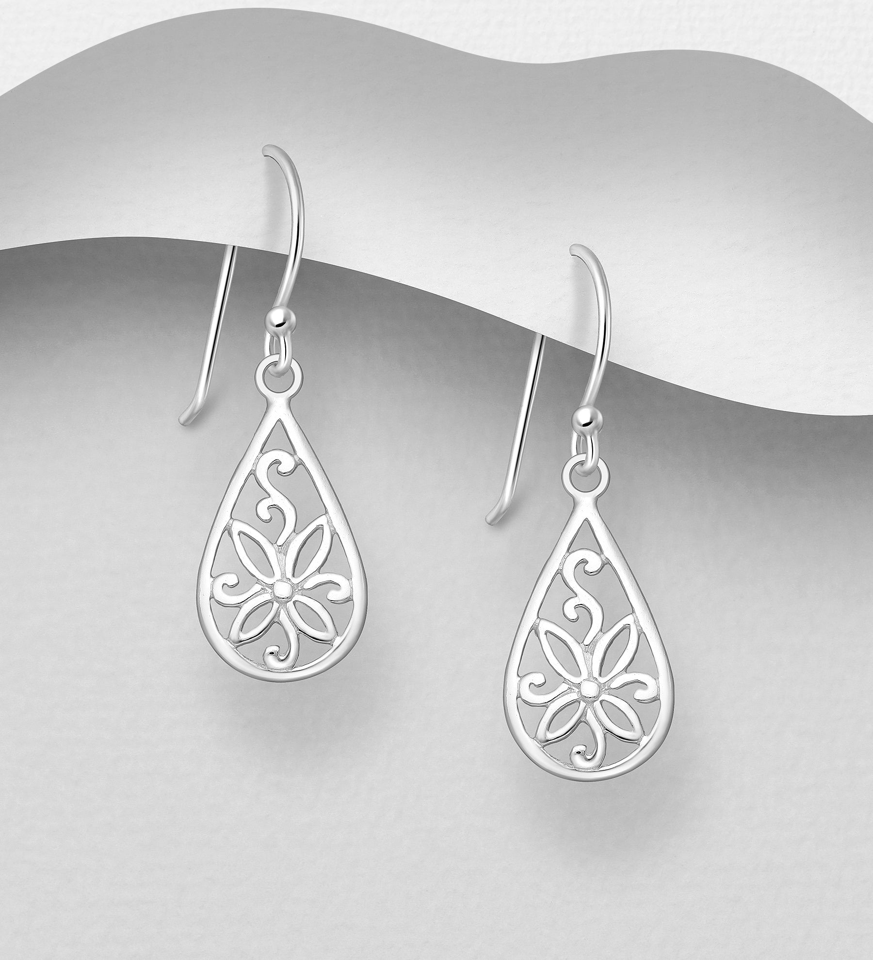 925 Sterling Silver Filigree Flower Droplet Hook Drop Earrings