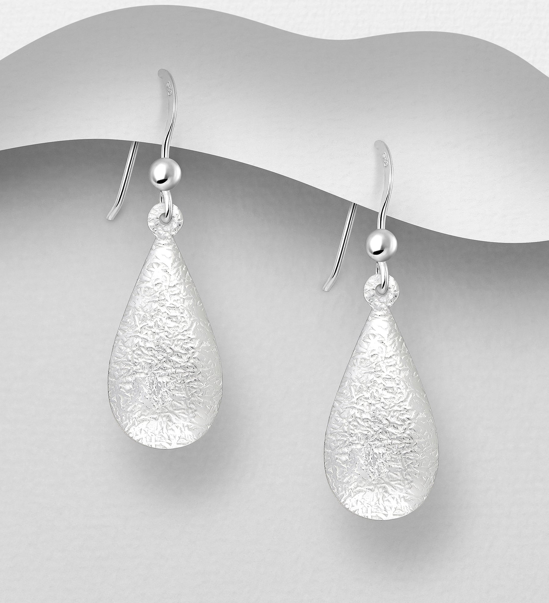 925 Sterling Silver Textured Droplet Hook Drop Earrings