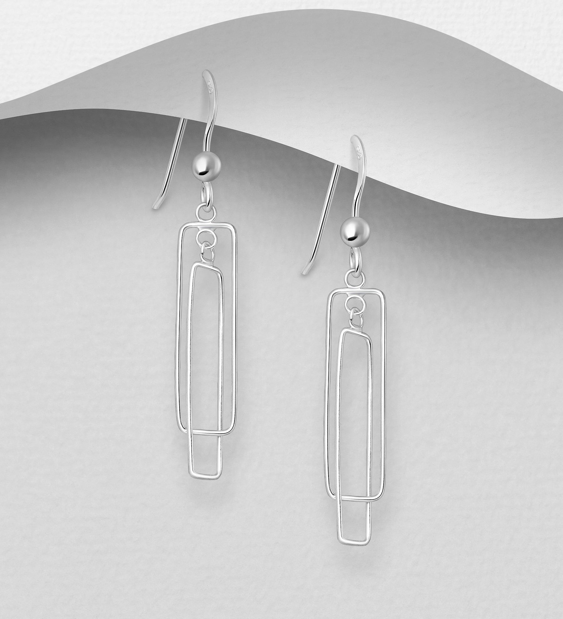 925 Sterling Silver Double Rectangle Wire Hook Drop Earrings