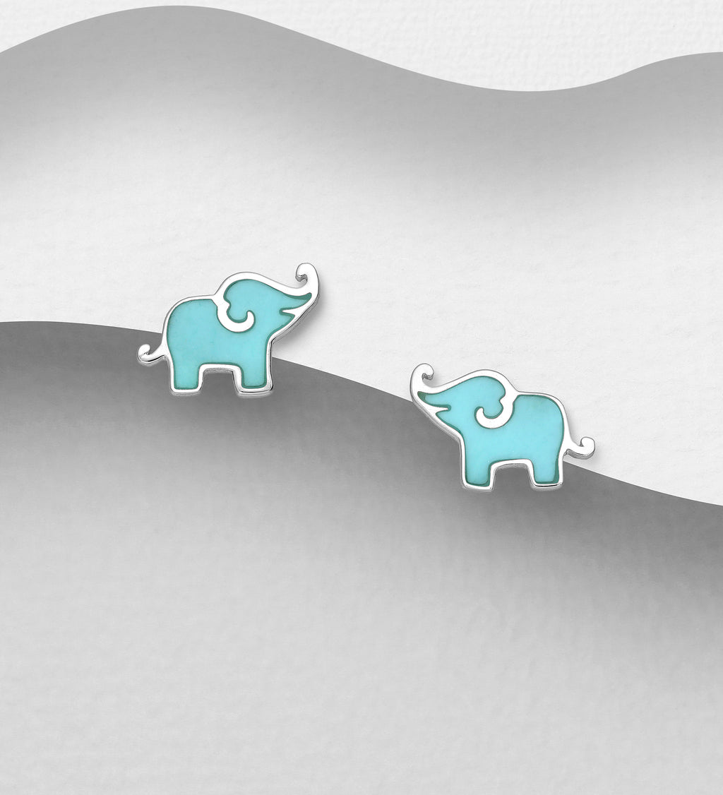 925 Sterling Silver Elephant Push-Back Earrings with Turquoise or Blue Resin
