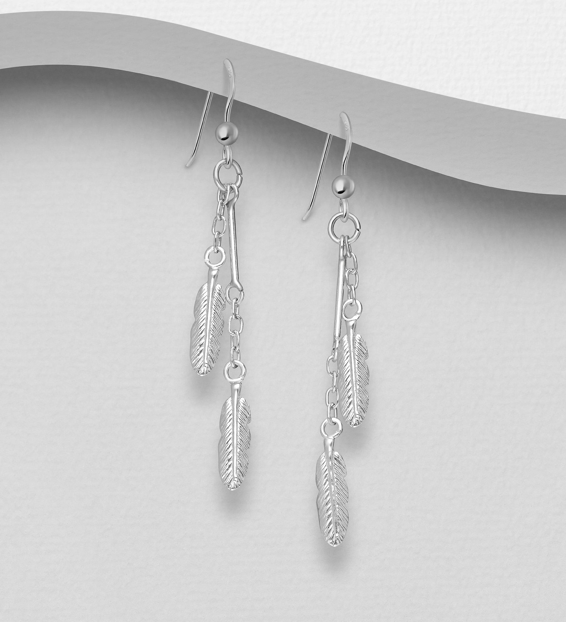 925 Sterling Silver Double Feather Cascade Hook Drop Earrings