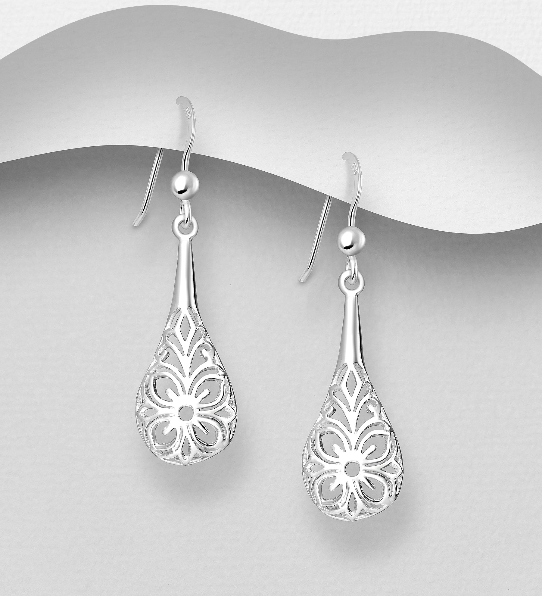 925 Sterling Silver Open Filigree Hook/Drop Earrings