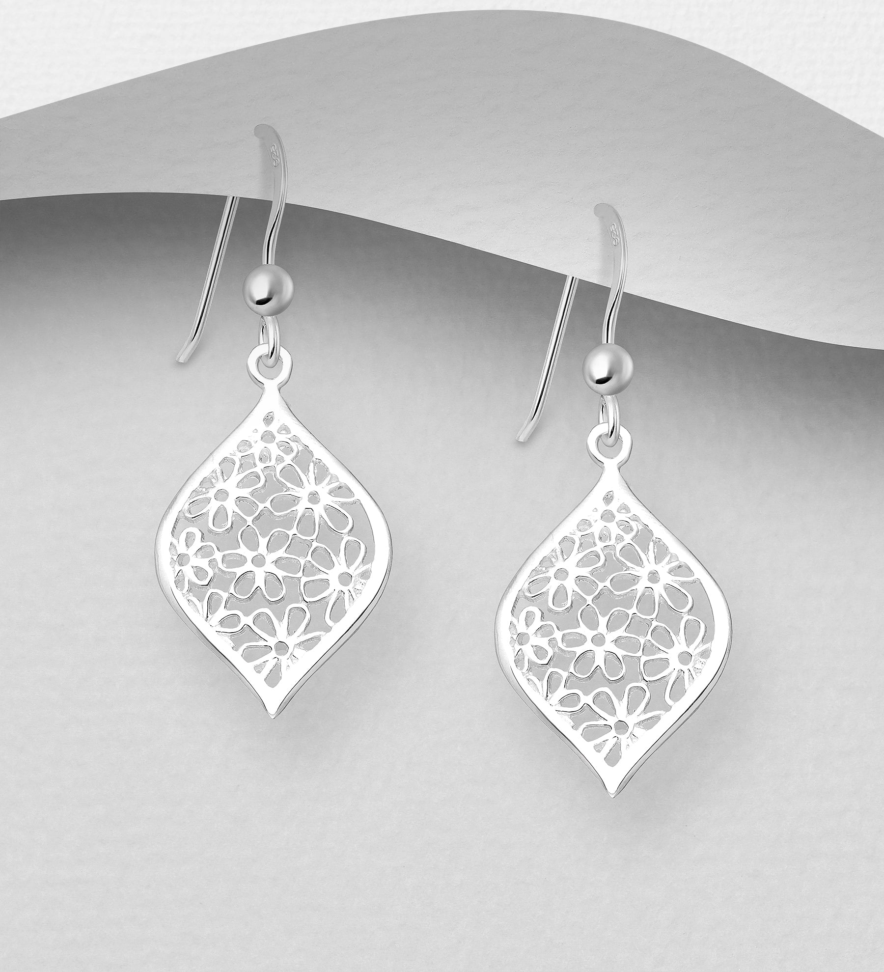 925 Sterling Silver Filigree Flower Marquise Hook Drop Earrings