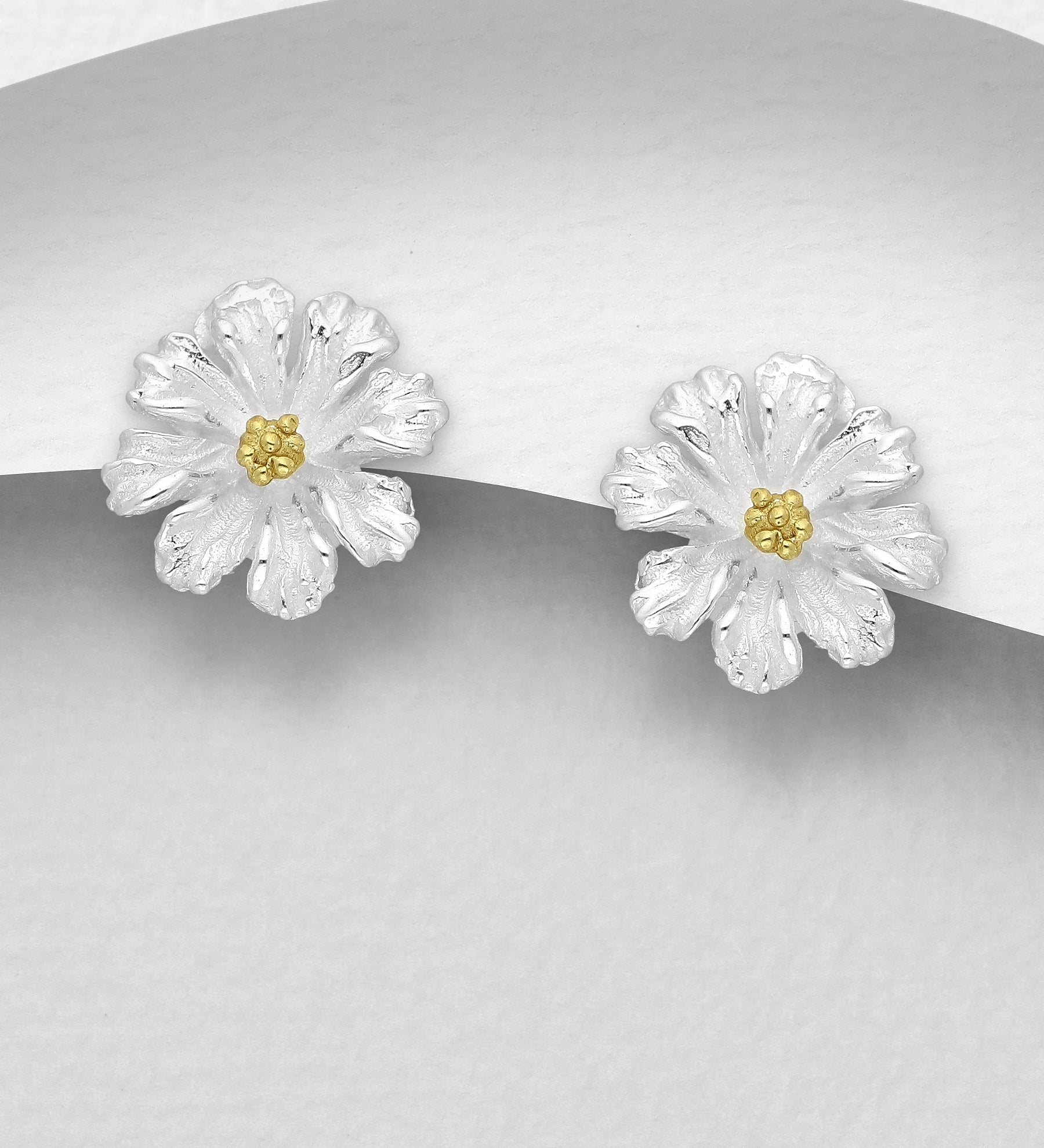 925 Sterling Silver & 18ct Yellow Gold Two Tone Flower Push-Back Earrings