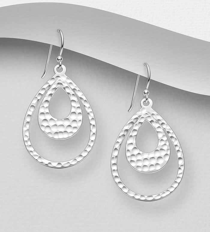 925 Sterling Silver Hand crafted Hammered Double Teardrop Drop Earrings
