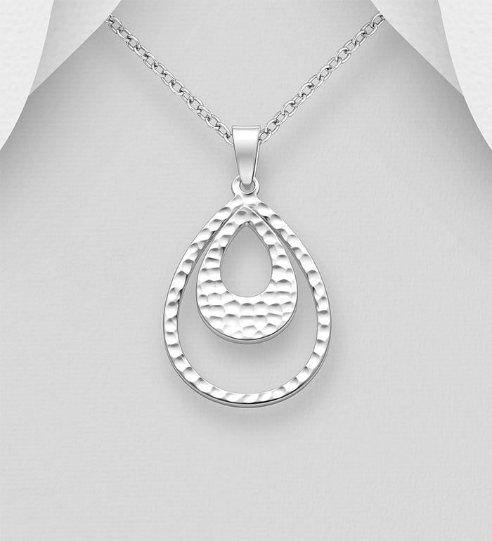 925 Sterling Silver Hand Crafted Hammered Double Teardrop Pendant & Chain