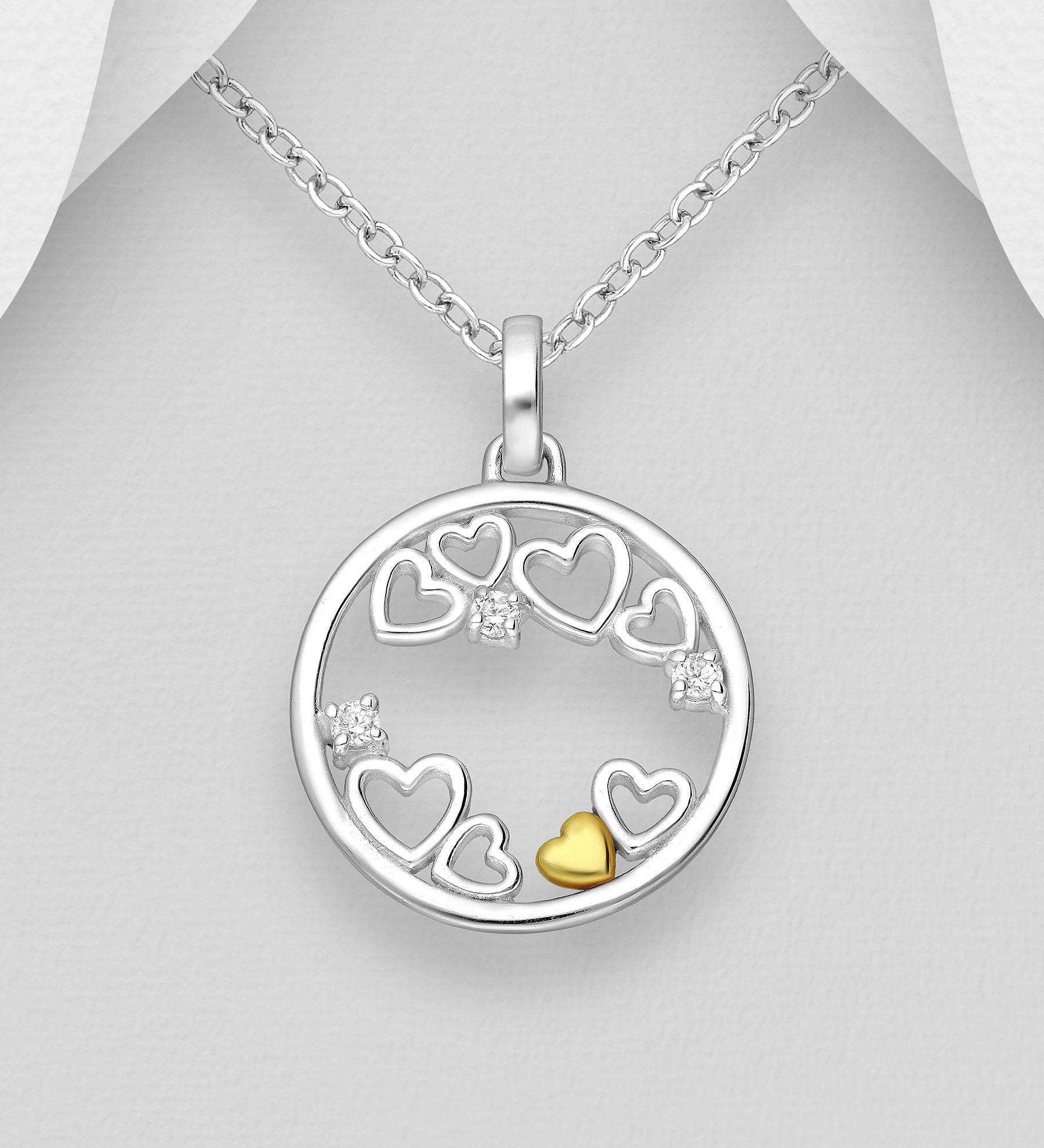 925 Sterling Silver & 18ct Yellow Gold Two Tone Heart Pendant & Chain with CZ Diamonds