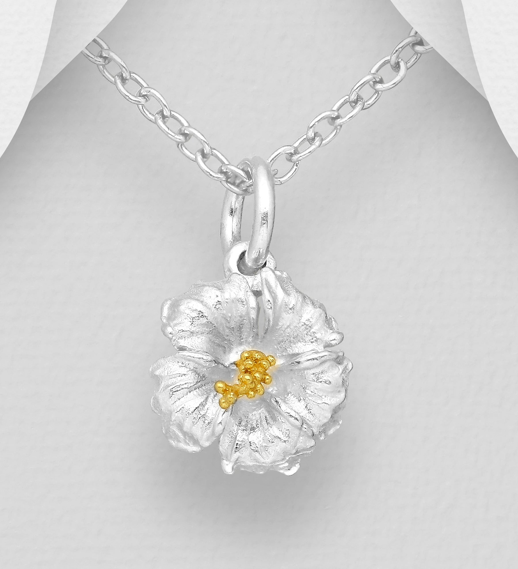 925 Sterling Silver Two Tone Hibiscus Pendant with 18K Yellow Gold Pollen