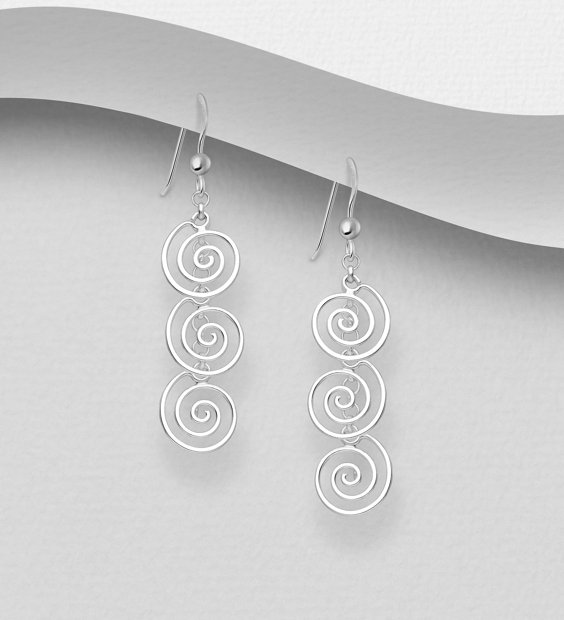 925 Sterling Silver Triple Spiral Cascade Hook Drop Earrings