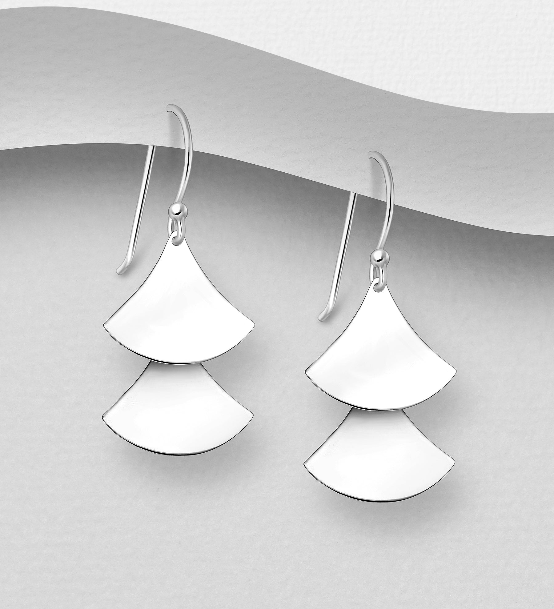 925 Sterling Silver Double Fan Shape Hook/Drop Earrings