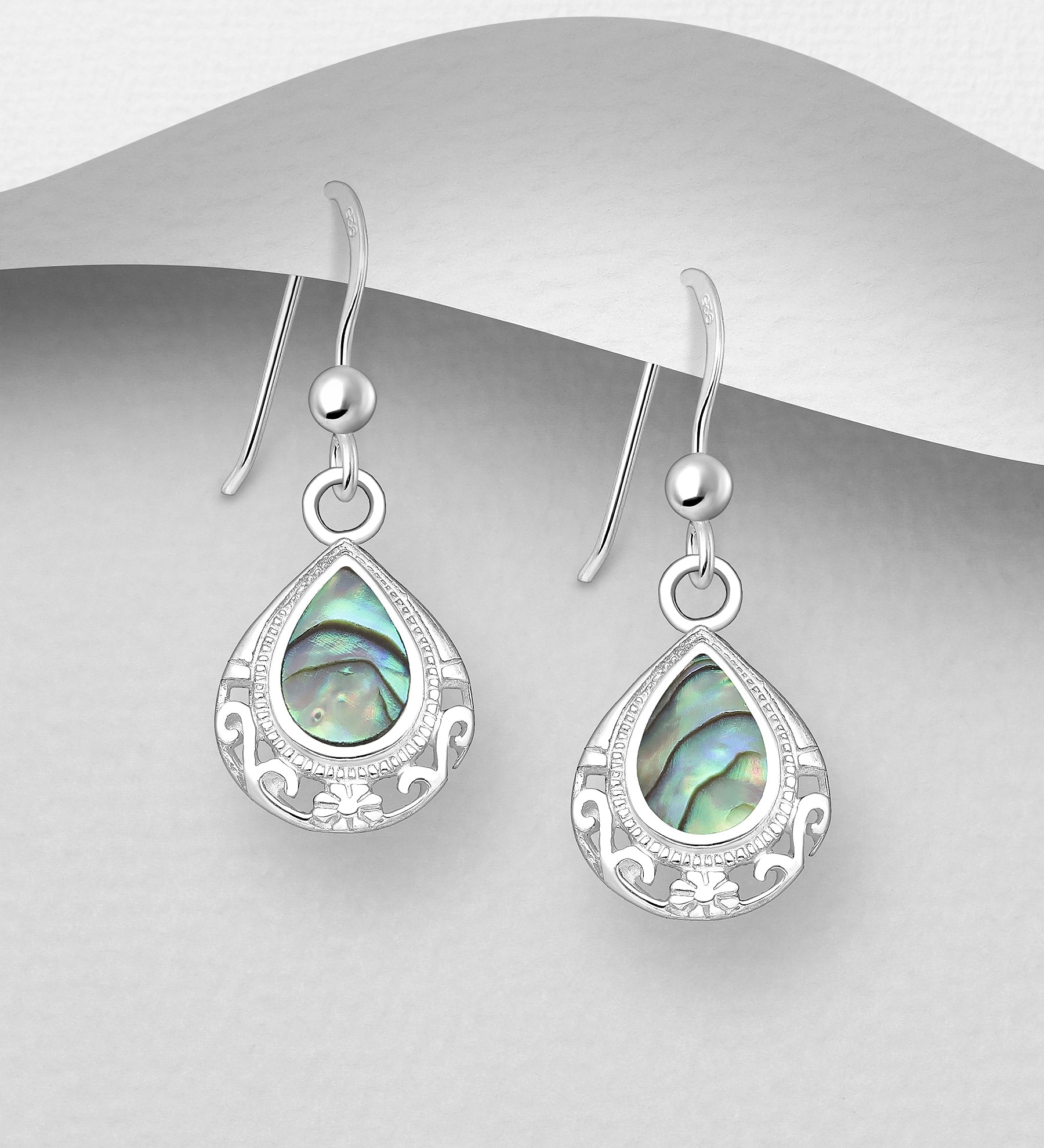 Hand Crafted 925 Sterling Silver Filigree Hook Earrings with Abalone Shell