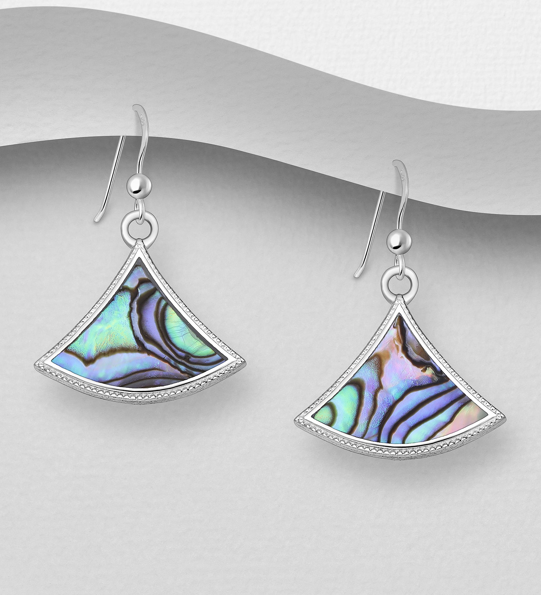 925 Sterling Silver Fan Shaped Hook Earrings with Abalone or Mother of Pearl Shell