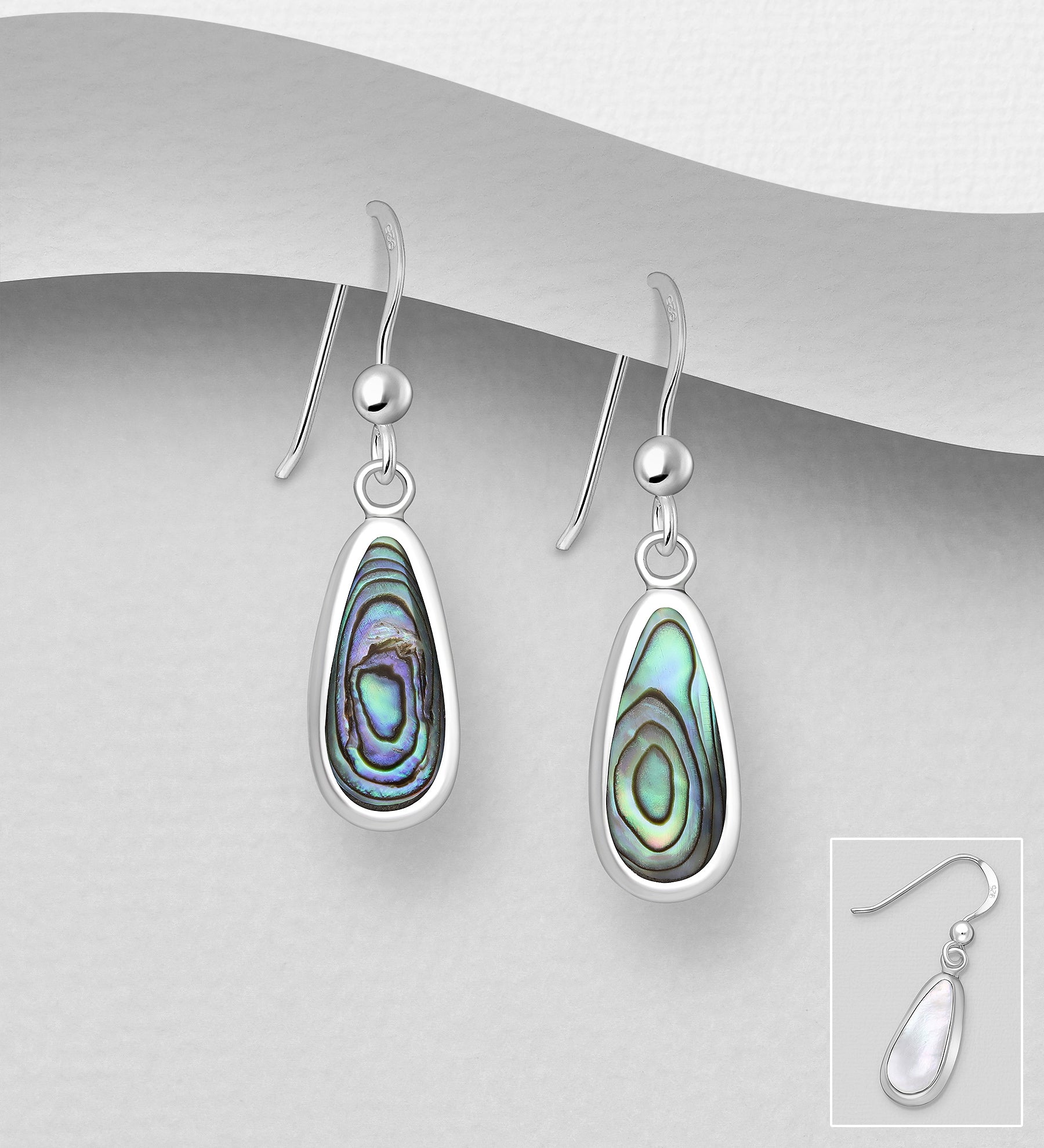 925 Sterling Silver Hook Earrings with Mother of Pearl Shell & Light Blue Resin