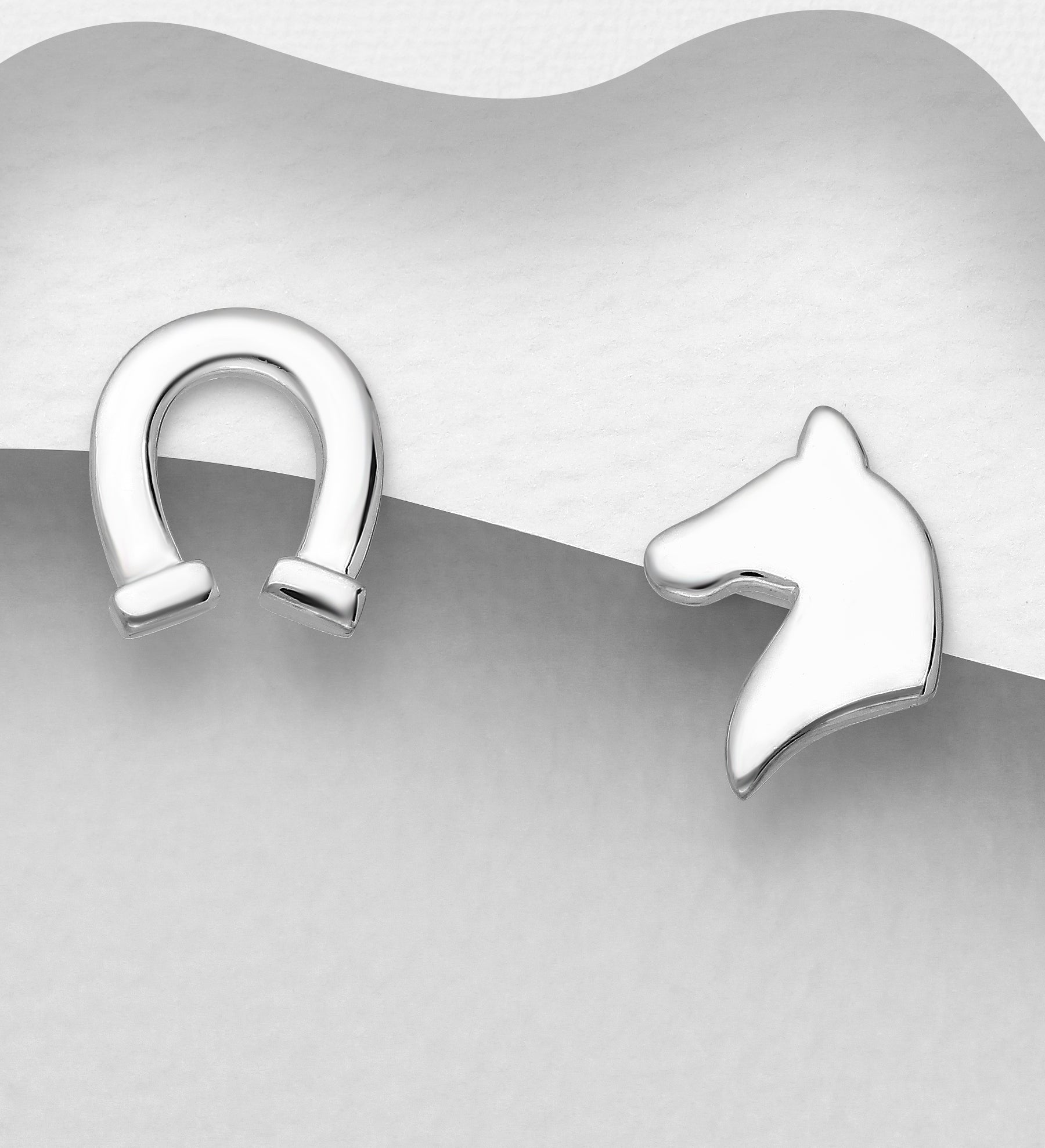 925 Sterling Silver Horse & Horseshoe Push-Back Earrings