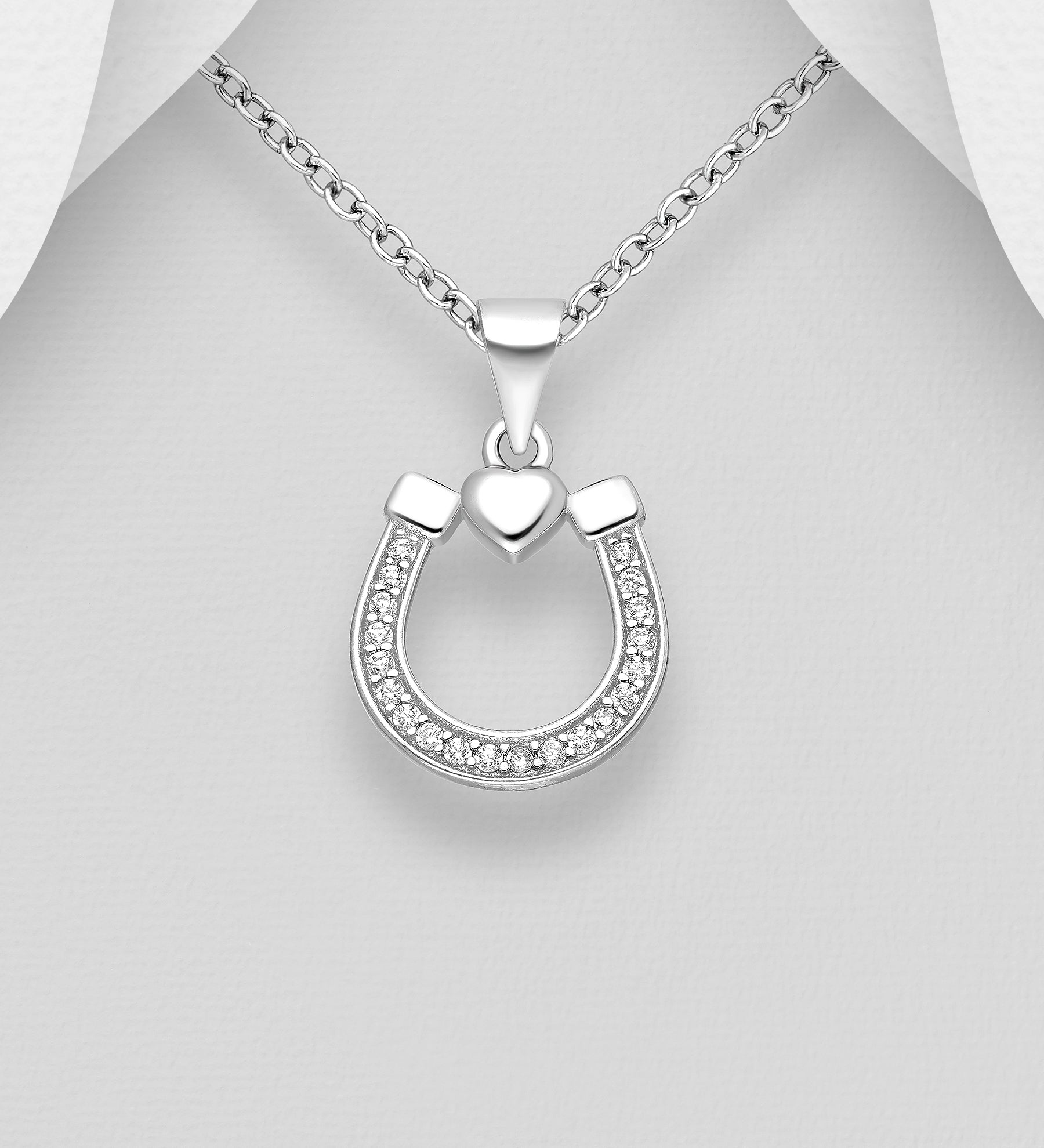 925 Sterling Silver Horseshoe & Heart Pendant & Chain with CZ Diamonds
