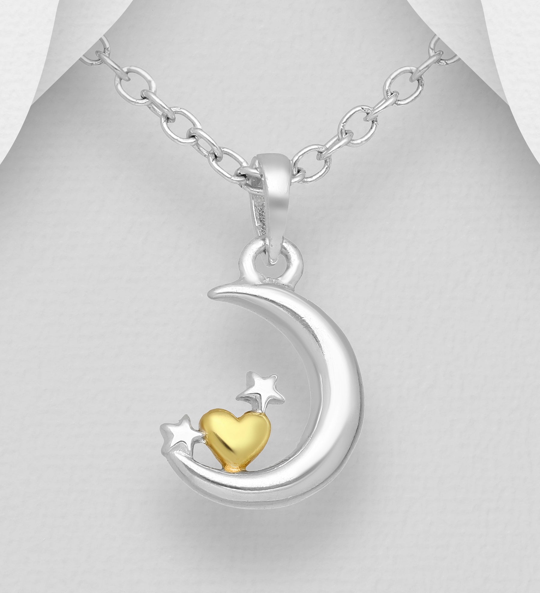 925 Sterling Silver Two Tone Moon, Star and Heart Pendant & Chain with 18K Yellow Gold