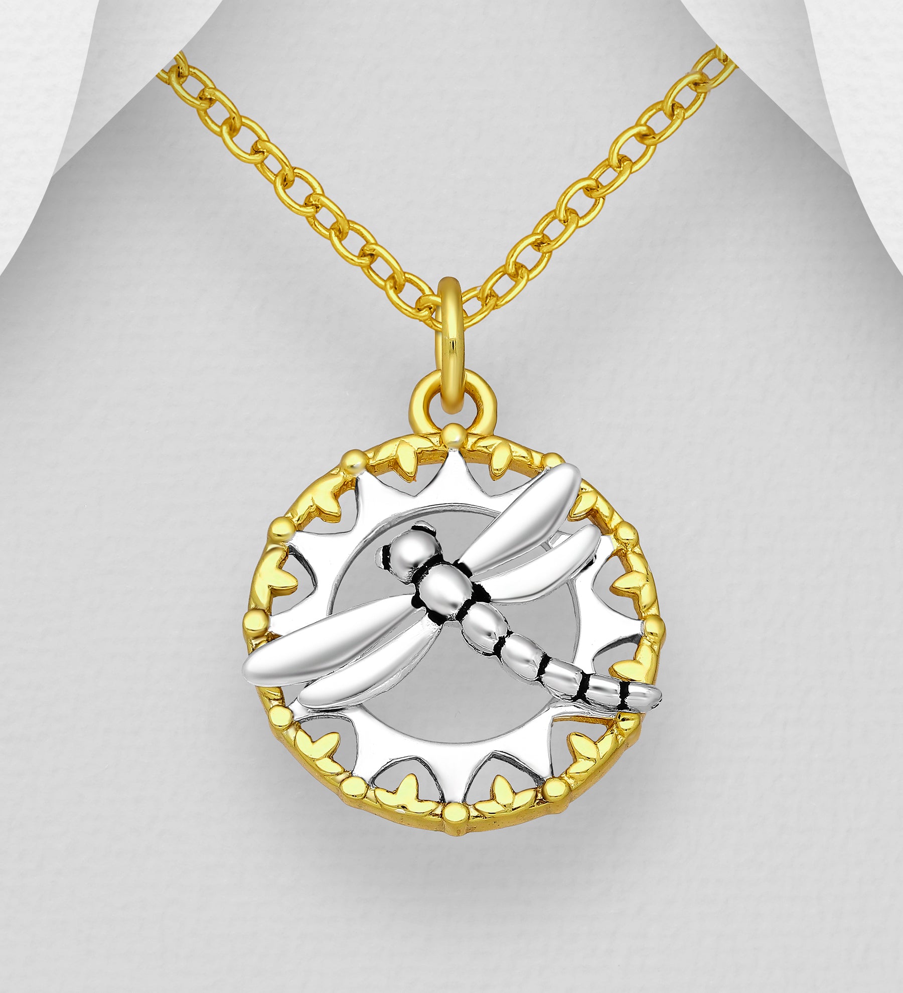 925 Sterling Silver & 18ct Yellow Gold Two Tone Oxidised Dragonfly Pendant & Chain