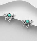 925 Sterling Silver Oxidized Lotus Flower Push-Back Earrings with Turquoise Resin