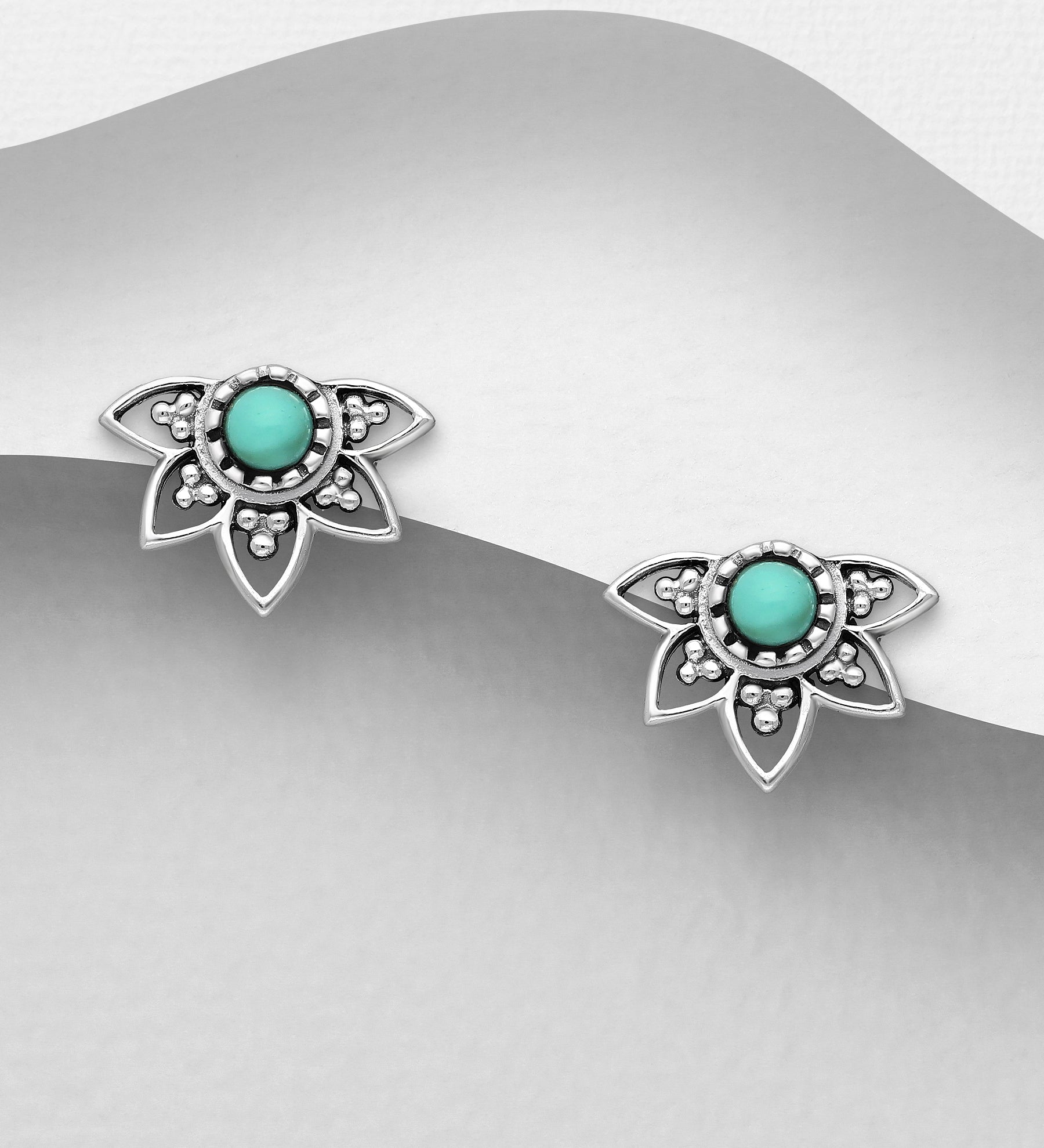 925 Sterling Silver Oxidized Lotus Flower Push-Back Earrings with Turquoise Resin
