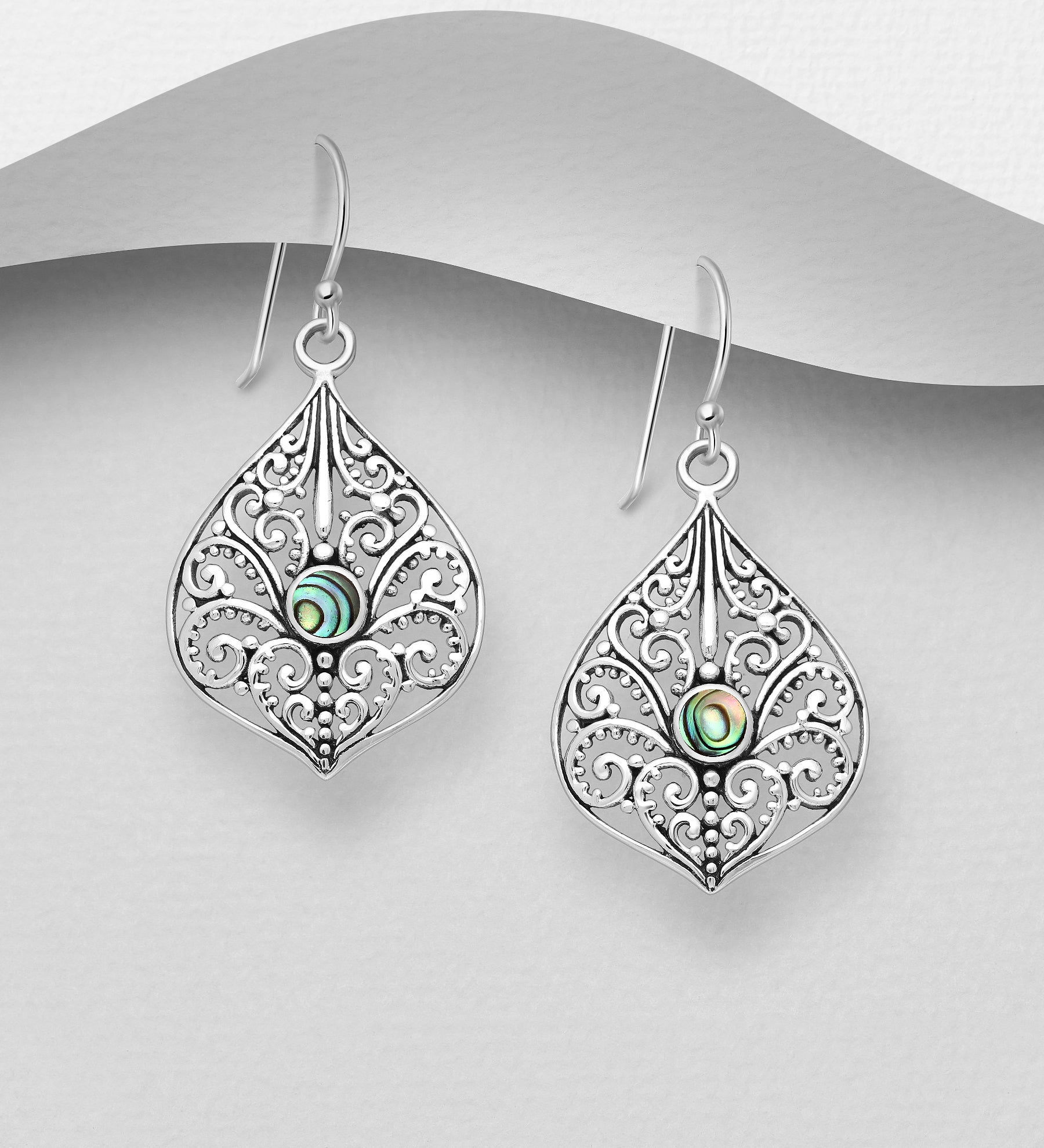 Hand Crafted 925 Sterling Silver Oxidized Filigree Swirl Hook Earrings with Abalone Shell