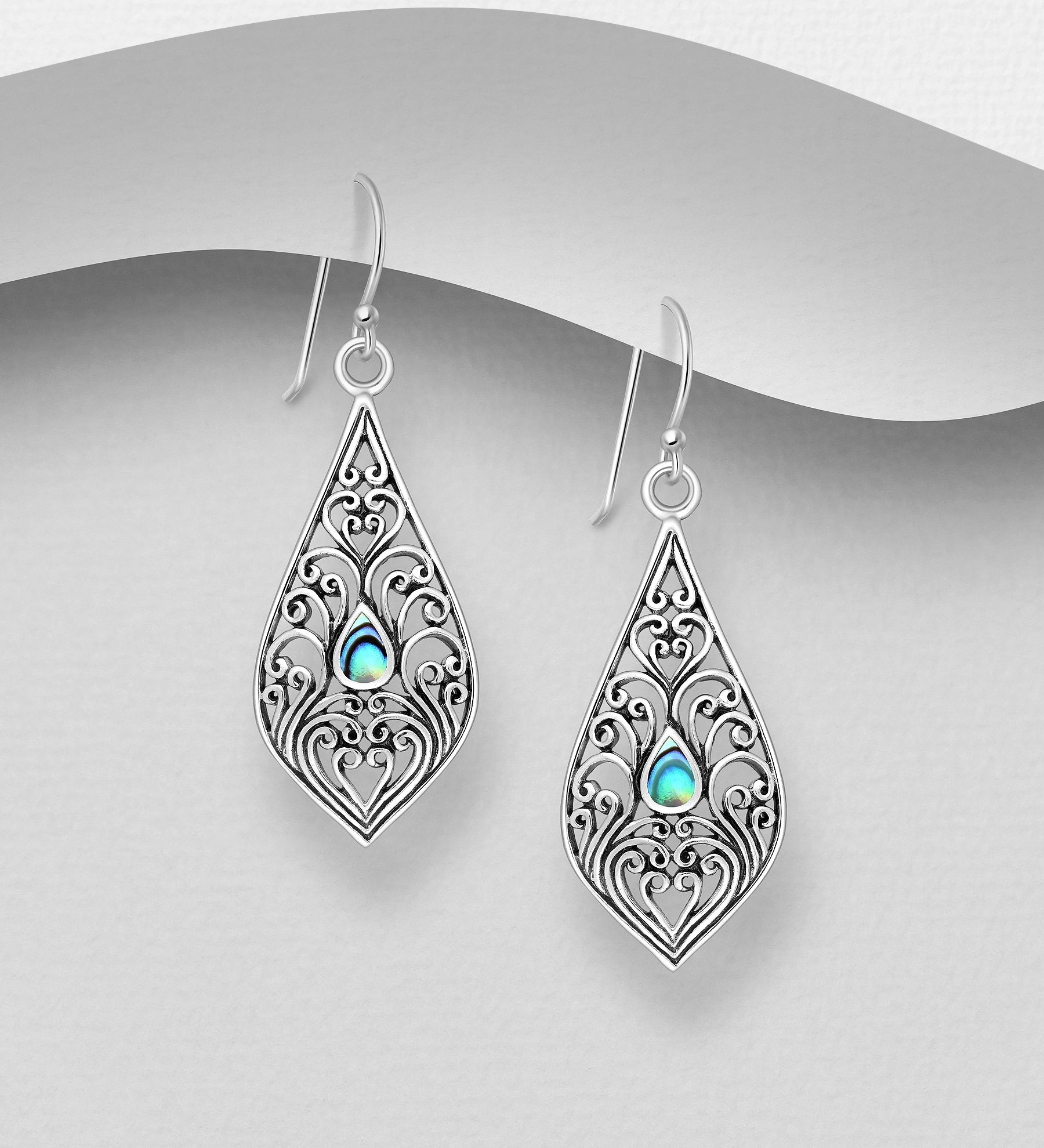 925 Sterling Silver Oxidised Filigree Swirl Hook Earrings with Abalone Shell