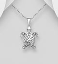 925 Sterling Silver Oxidised Swirl Filigree Open Work Turtle Pendant & Chain