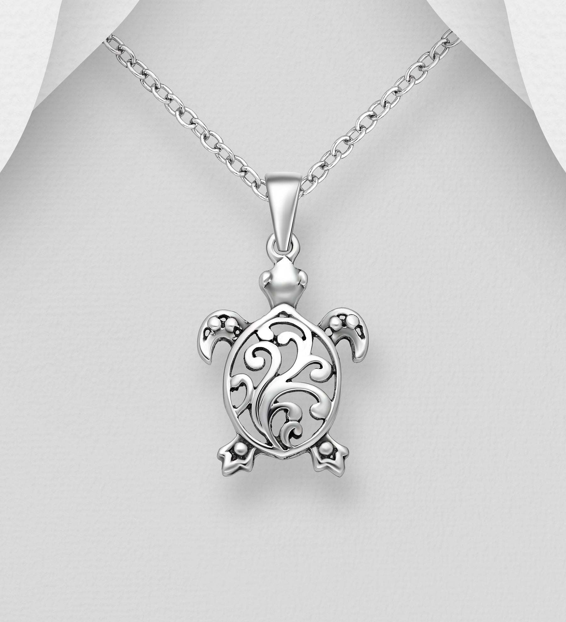 925 Sterling Silver Oxidised Swirl Filigree Open Work Turtle Pendant & Chain