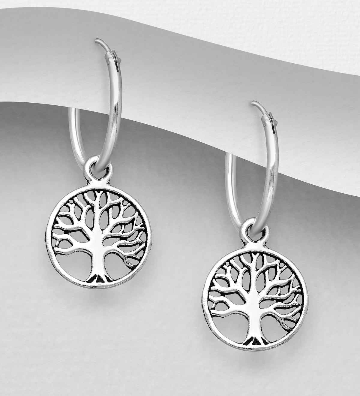 925 Sterling Silver Oxidised Tree of Life Hoop Earrings