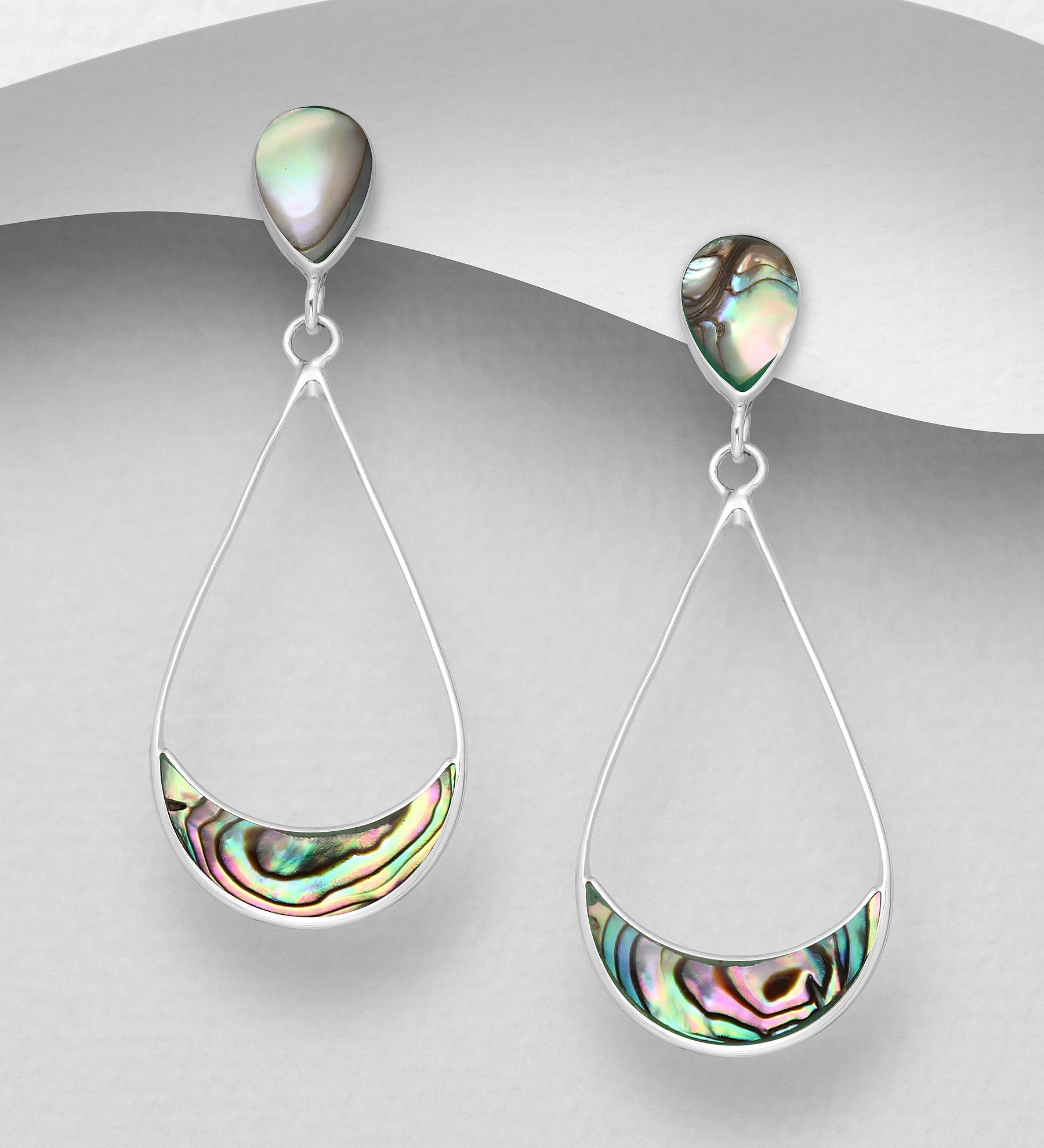 925 Sterling Silver Designer Inspired Pear Shape Push-Back Earrings with Abalone Shell