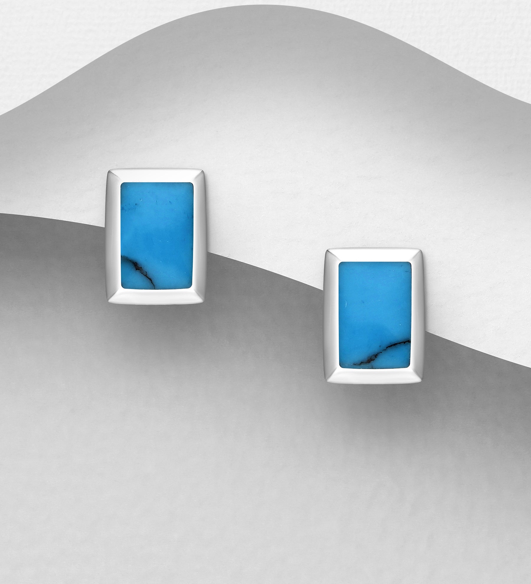 925 Sterling Silver Rectangle Push-Back Earrings, Decorated with Turquoise (Light Green) or Navy Blue   Resin