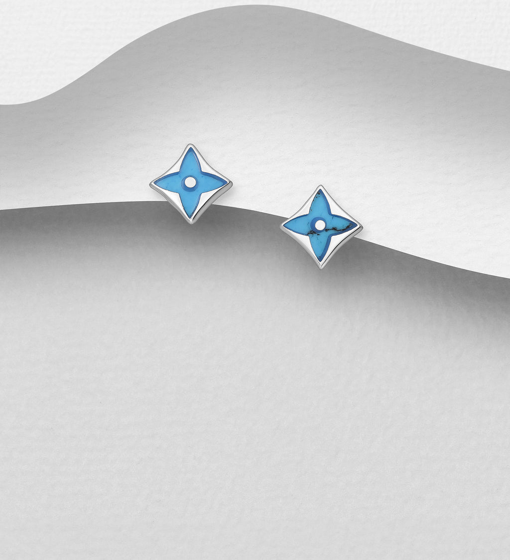 925 Sterling Silver Four-Point Star Push-Back Earrings with Turquoise or Black Resin