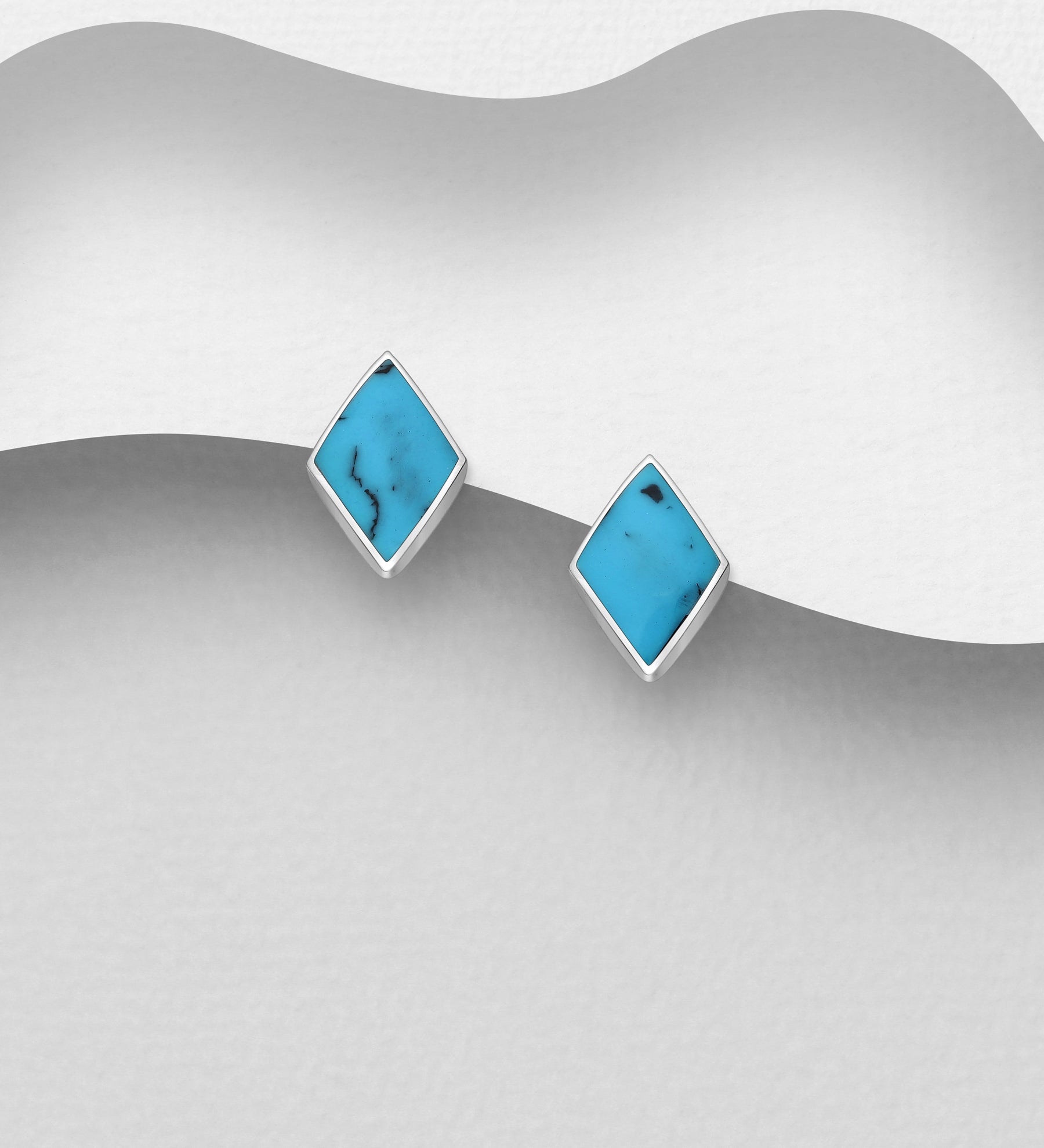 925 Sterling Silver Hand Crafted Rhombus Push-Back Earrings, Decorated with Turquoise & Resin