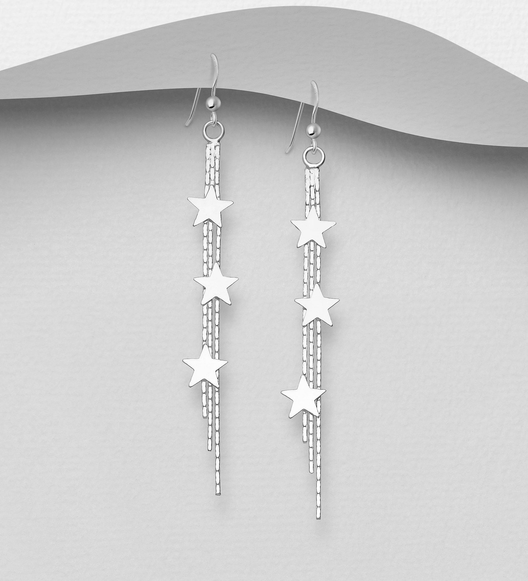 925 Sterling Silver Triple Star Chain Drop Earrings