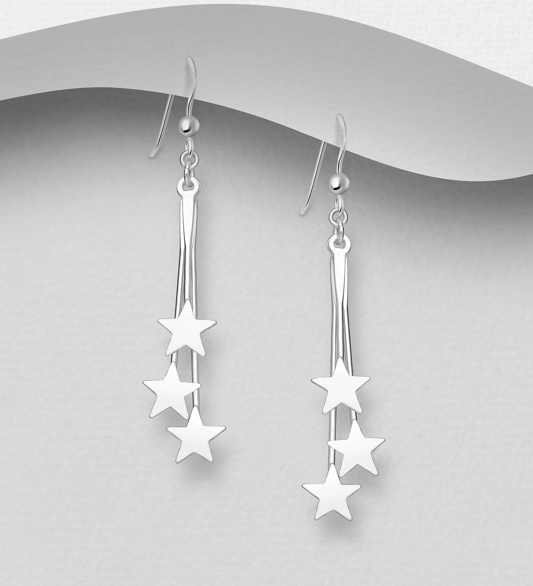 925 Sterling Silver Triple Drop Star Hook Earrings - Hand Crafted