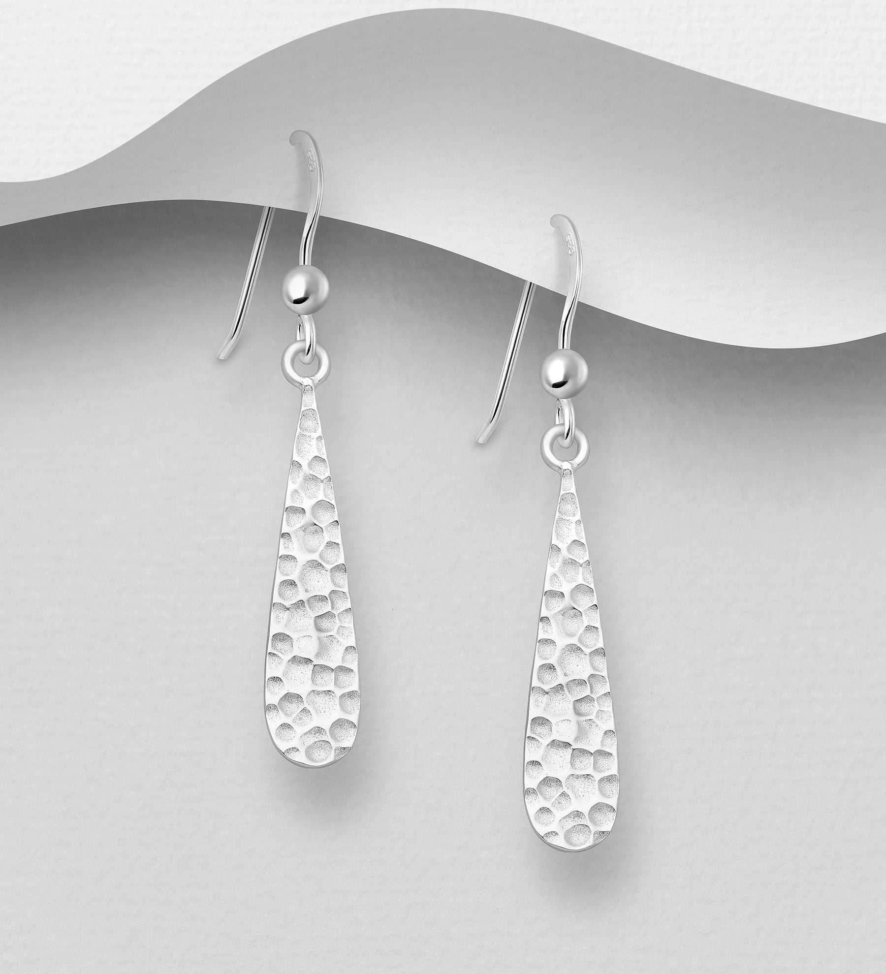 925 Sterling Silver Hammered Elongated Drop Hook Earrings