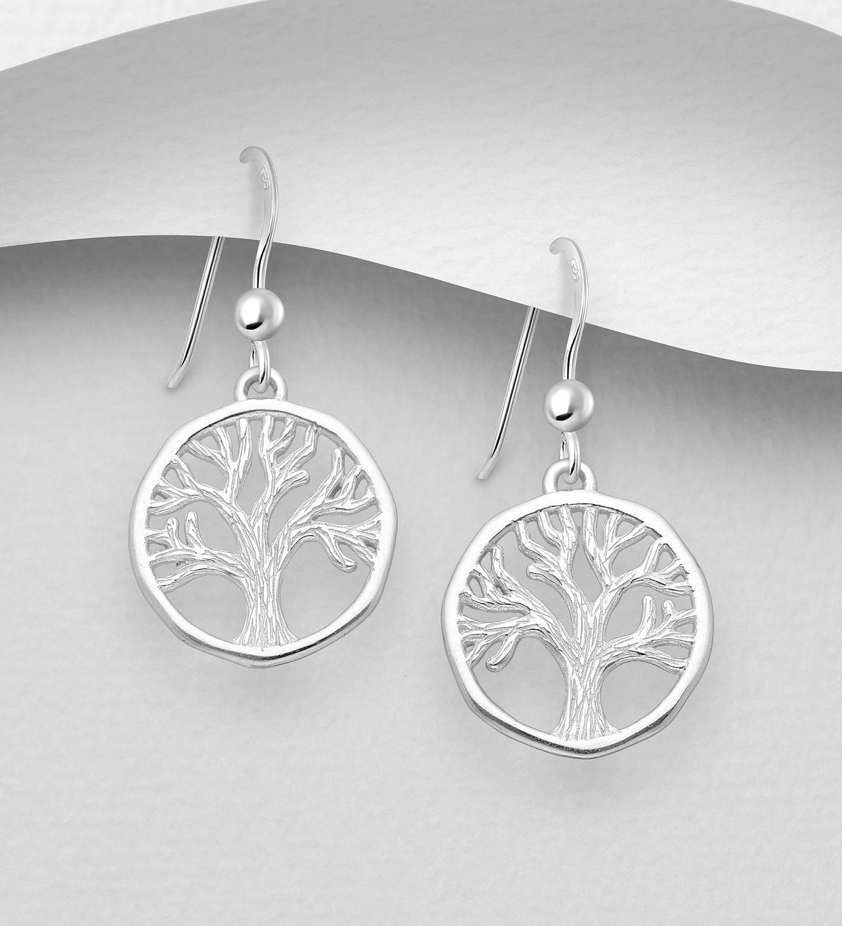 925 Sterling Silver Textured Tree of Life Hook Drop Earrings