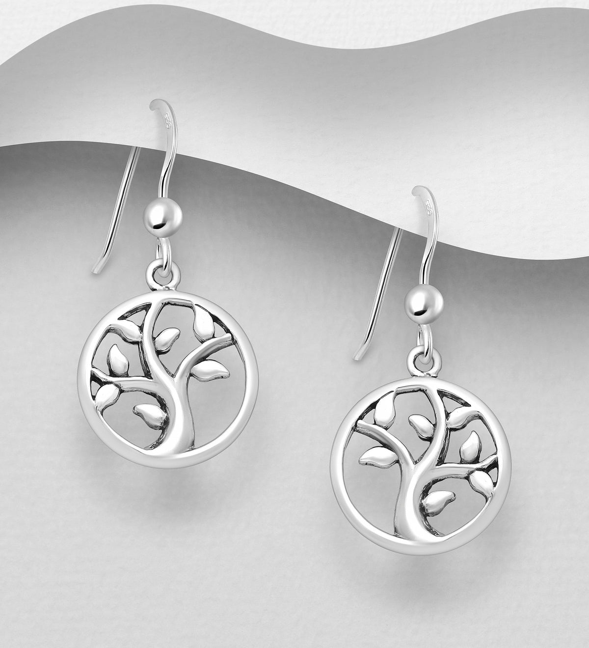 925 sterling silver Tree of Life hook drop earrings with an openwork circular frame and polished silver ball accents