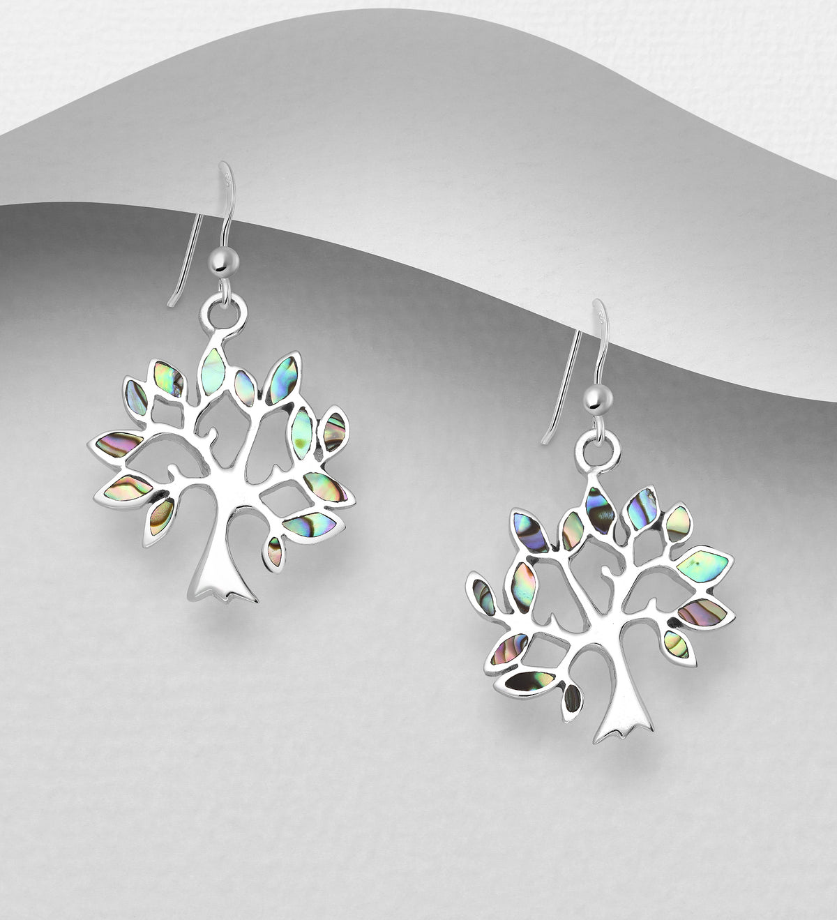 Hand crafted 925 sterling silver Tree of Life hook earrings with leaves decorated in iridescent abalone shell